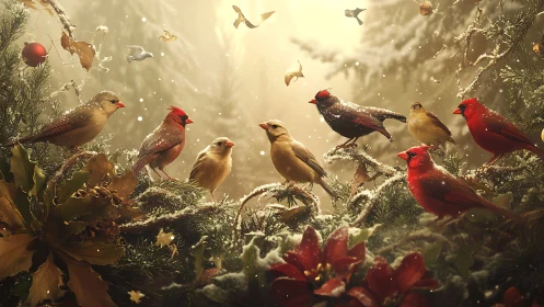 Festive Cardinals and Songbirds in Snowy Pine Branches, Realistic Art.