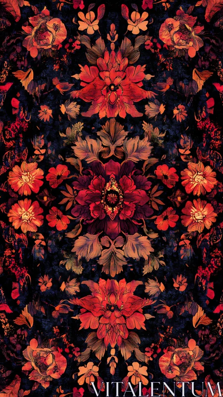 Midnight ember garden in mirrored floral tapestry bloom.