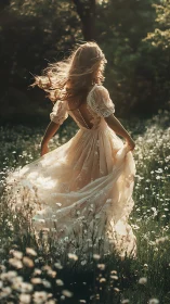 Backlit motion study of lace dress in shallow-depth meadow light