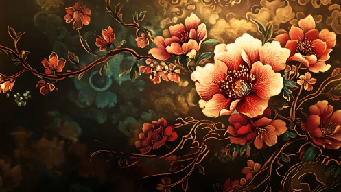 Baroque-inspired floral digital painting with golden highlights.
