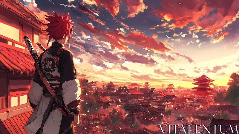 Samurai protagonist surveys neon-lit Edo city at cinematic dusk