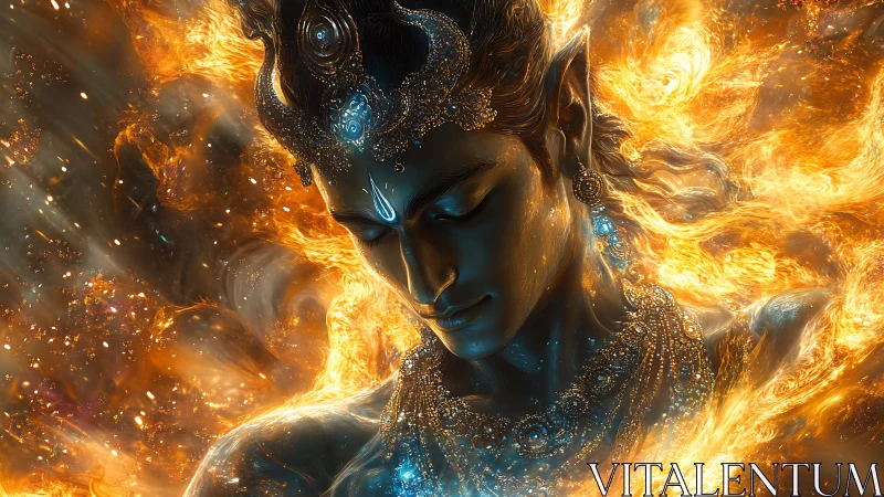 Celestial blue deity immersed in swirling stellar fire.