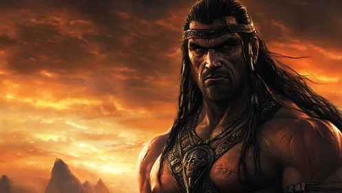 Warrior stands against stormy sunset sky with fierce resolve