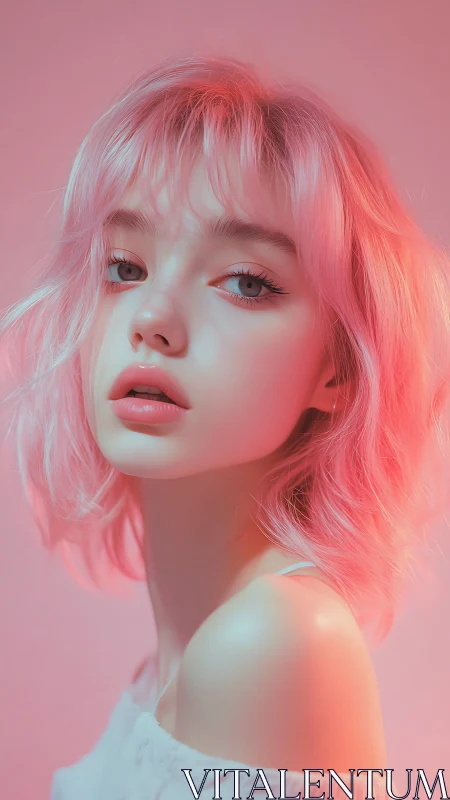 Soft lit pink haired portrait uses high key chromatic minimalism