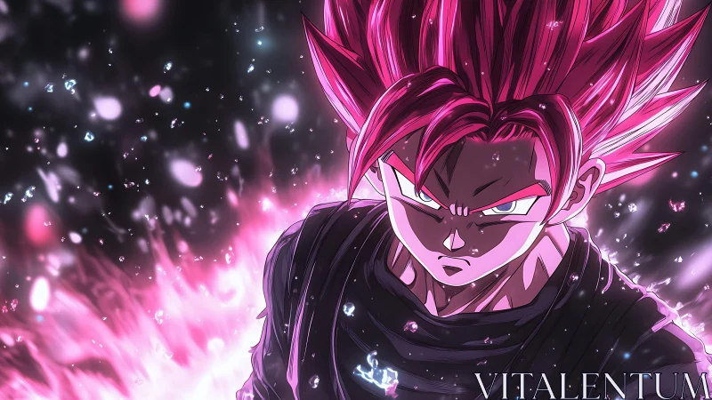 Pink energy warrior with intense aura in cosmic storm.