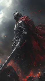 Dark armored warlord over burning volcanic battlefield.