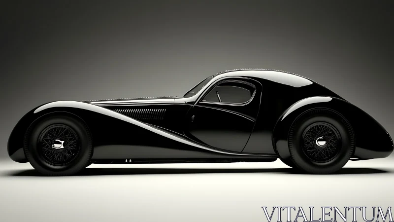 Sleek black vintage coupe with aerodynamic side profile.