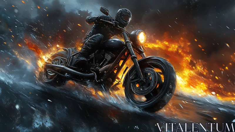 Motorcyclist riding through water with surrounding flames.