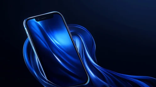 Liquid blue currents cradle a luminous futuristic smartphone