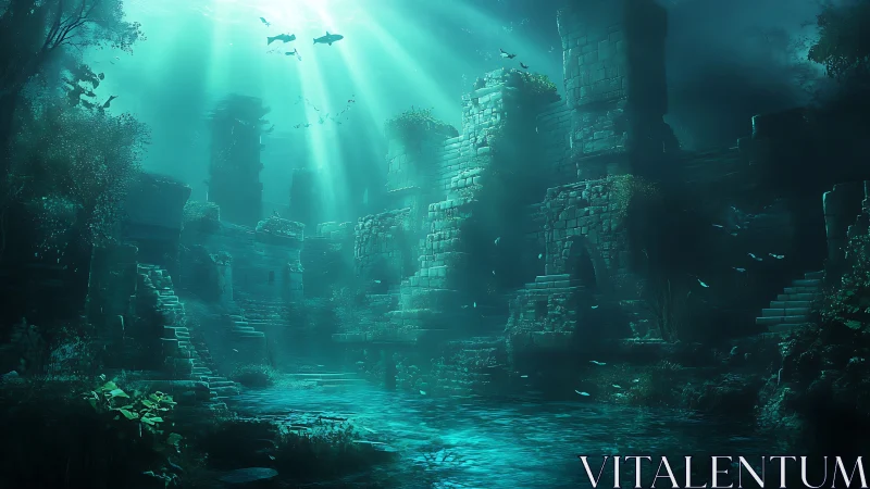 Submerged stone ruins under teal light shafts and fish.
