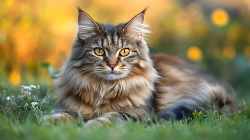 Maine Coon Cat Gazing in Golden Meadow.