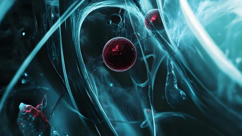 Abstract Close-Up of Red Cells in Futuristic Blue Environment.