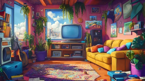 Retro living room interior with CRT TV, plants and city view