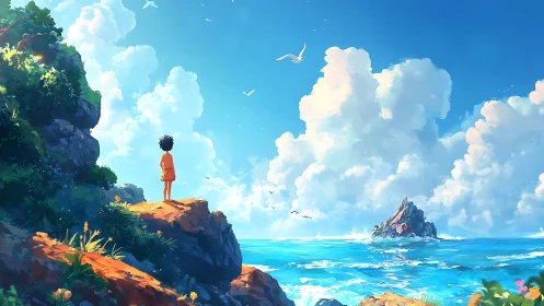 Sunlit cliffside daydream with a distant island calling softly.