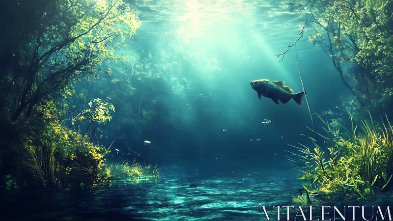 Sunlit forest river where quiet fish drift through blue calm.