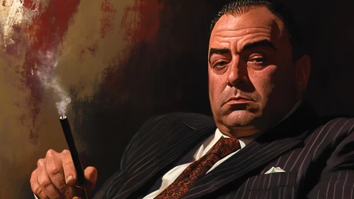 Stoic mob boss portrait holding cigarette in dim light