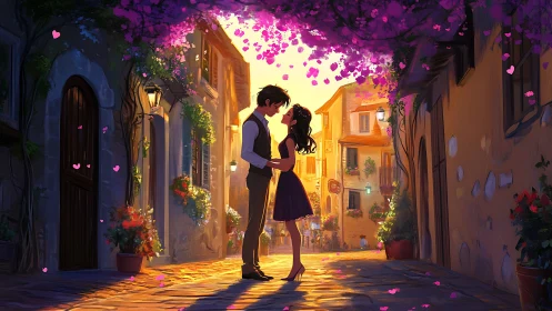 Urban Romance at Dusk: Digital Illustration of Couple in Flowering Streetscape.