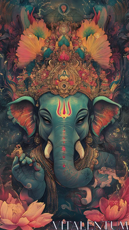 Lotus-crowned elephant deity in jewel-toned cosmic bloom.