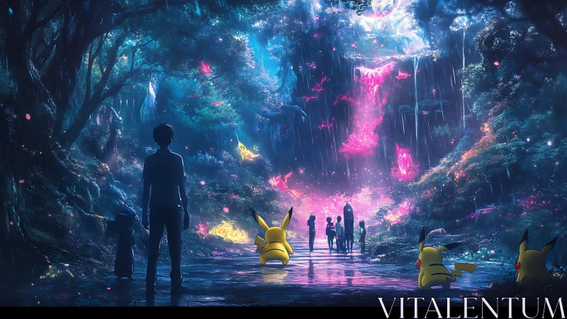 Pikachu explore glowing fantasy forest with human trainers.