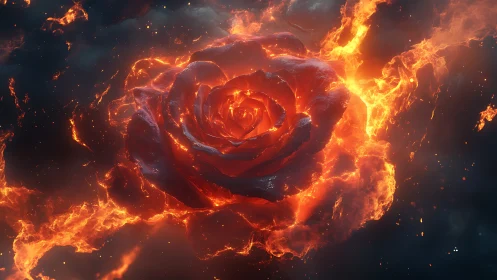Volumetric Rose Engulfed in Luminous Flame with Dynamic Particle Dispersion