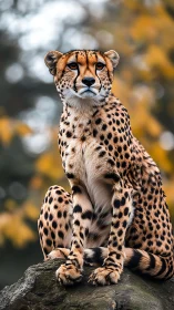 Regal cheetah poised on rock amid soft autumn bokeh.