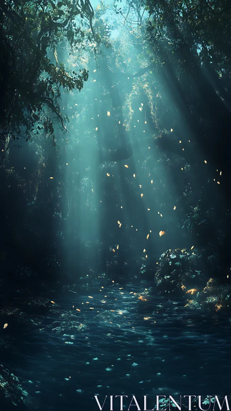 Volumetric sunlight penetrates dense forest canopy onto stream