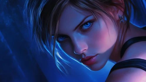 Icy gaze of cyber heroine in electric blue portrait lighting.