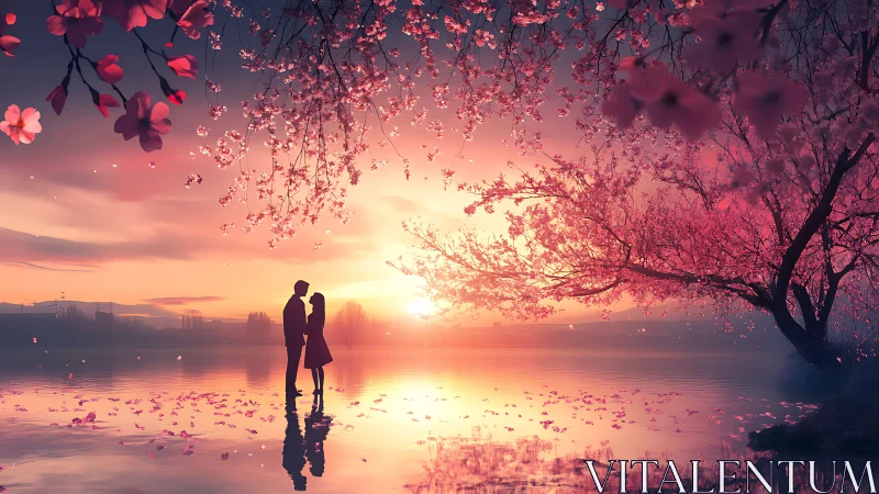 Silhouetted couple embracing beneath cherry blossom canopy at sunset