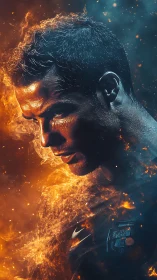 Fiery soccer hero emerging from swirling glowing energy.