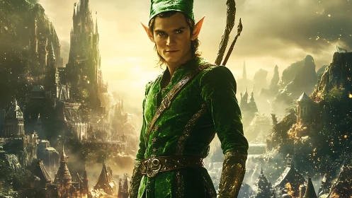 Elven archer in emerald armor before luminous fantasy citadel.