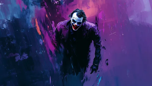 Painted sinister clown in neon chaos abstraction.