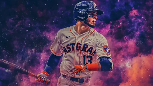 Confident baseball slugger shining against cosmic colors.