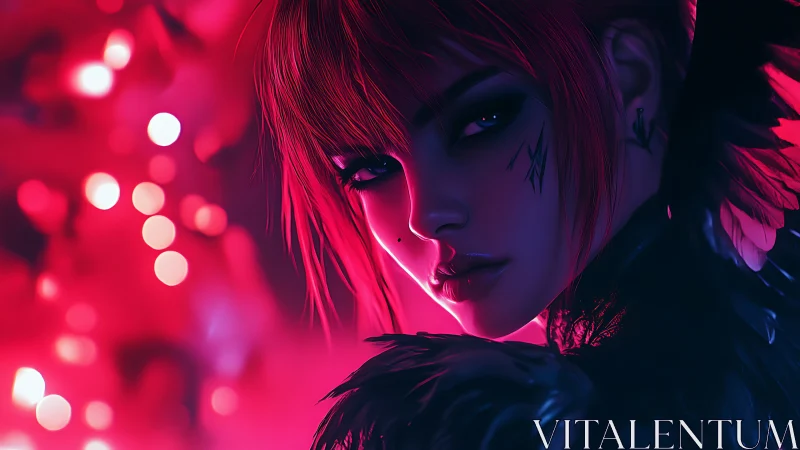 Neon-lit cyber siren gazes back with dark, enigmatic allure