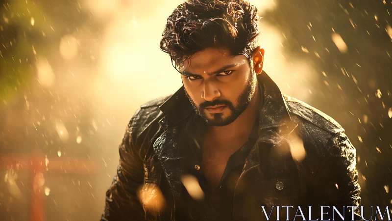 Intense bearded man stares through golden rain backlight