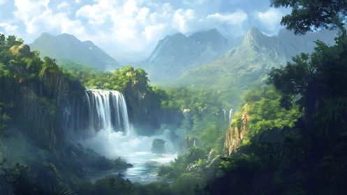 Sunlit jungle waterfall cascades through misty emerald valley