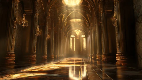 Gilded baroque cathedral nave with volumetric golden sunlight