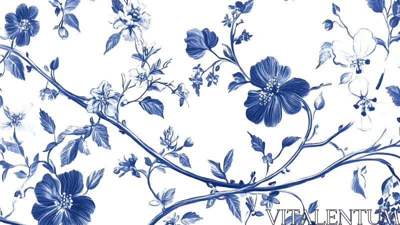 Delft Blue Botanical Dance: Indigo Flowers Cascade.