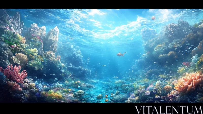 Colorful coral reef under clear blue tropical seawater.