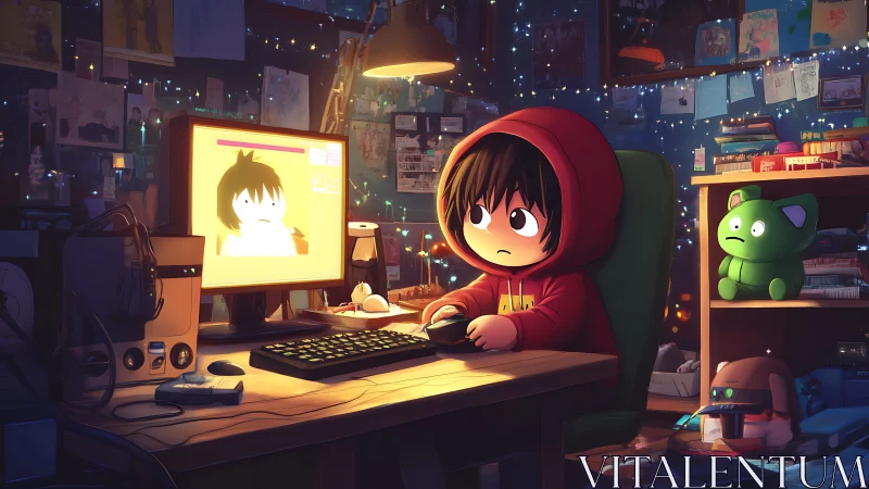 Late-night hoodie gamer adrift in a cozy neon-starred den.