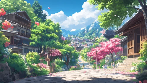 Sunlit spring streets wind through a tranquil Japanese village