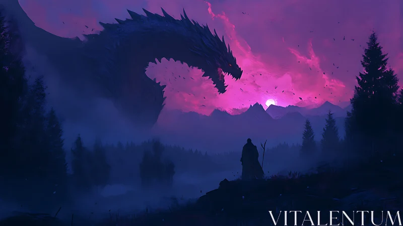 Twilight titan and lone wanderer beneath magenta stormsky.