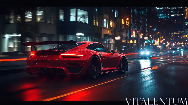 Red sports car slices through neon-lit rainy city streets.
