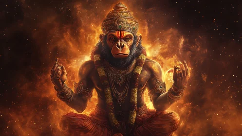 Divine monkey warrior meditates within swirling firelight.