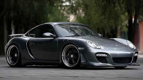 Low-slung silver sports coupe with widebody aero stance.