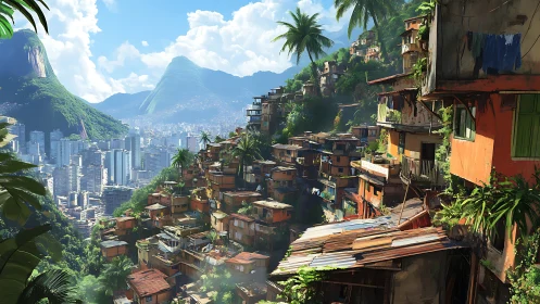 Sunlit hillside favela embracing a glittering tropical metropolis.
