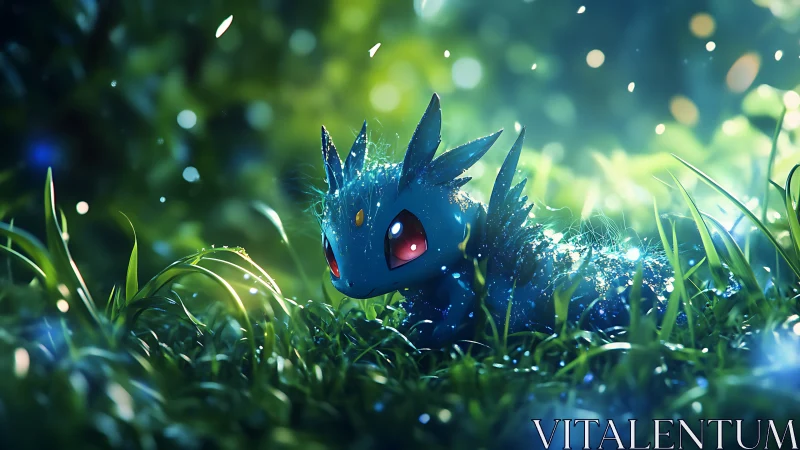 Glowing blue creature resting in dewy forest grass at dusk.