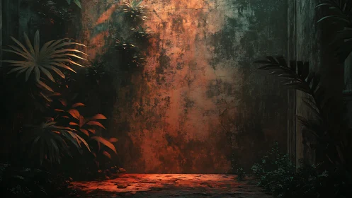 Overgrown concrete courtyard under warm rust light glow.