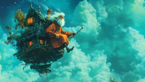 Elderly elf riding a floating house through clouds.