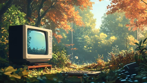 Retro monitor glowing in sunlit autumn forest clearing.