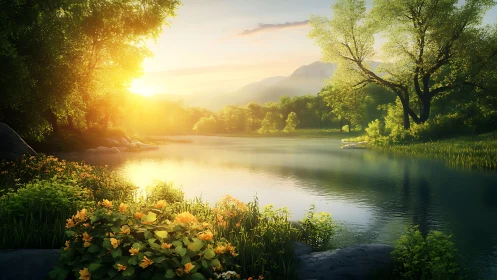 Golden sunrise over a gentle riverside garden glow.